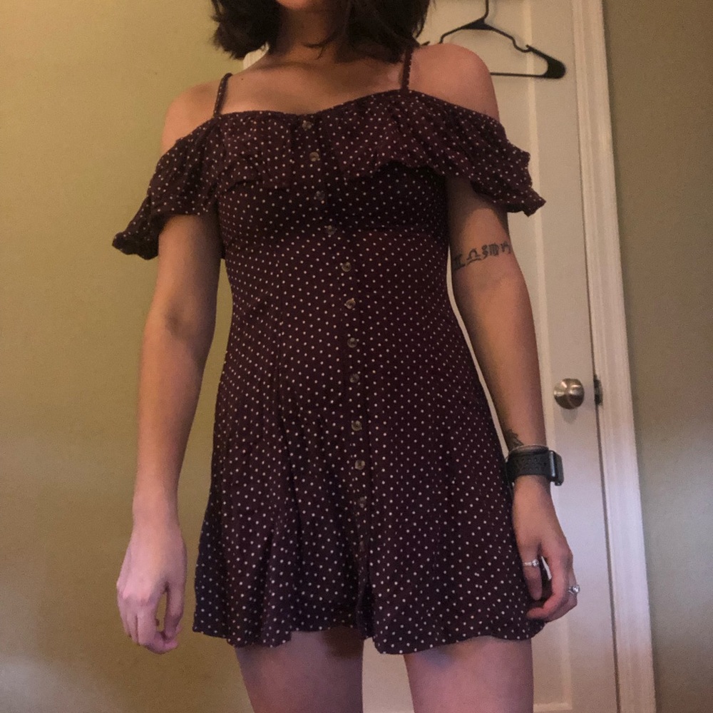 Super cute burgundy polka dot button up dress